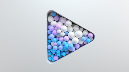 3d bright render background with cut out shape filled with colored spheres. Bright positive concept. Play shape.