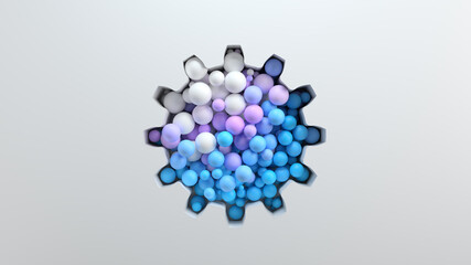 3d bright render background with cut out shape filled with colored spheres. Bright positive concept. Settings cogwheel shape.