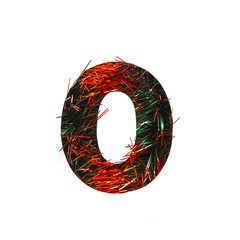Festive number zero made of red tinsel and paper cut null shape isolated on white. Shiny typeface...