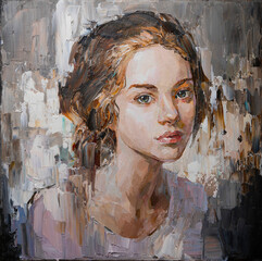 Portrait of a young, dreamy girl with curly brown hair. Palette knife technique of oil painting and brush. - obrazy, fototapety, plakaty