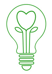 Green energy, linear drawing of a light bulb with a heart on a white background, bright green, ecology