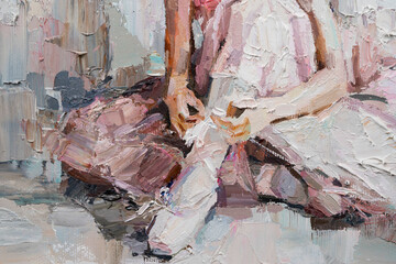 Young girl sits on the floor of the dance class and prepares for the ballet performance. Oil painting on canvas.