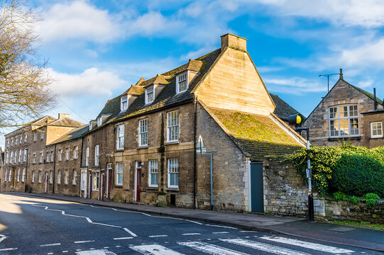 A view of well preserved Georgian buildings in Oundle, UK on a bright sunny day