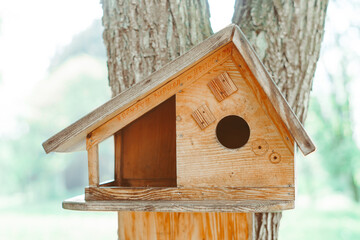 wooden birdhouse hanging on a tree