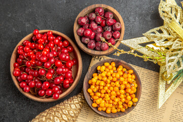 top view fresh red cranberries with other fruits on dark background color fruit berry fresh photo