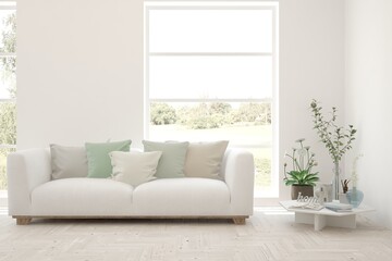 White living room with sofa and summer landscape in window. Scandinavian interior design. 3D illustration