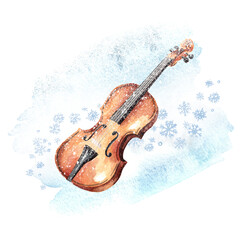 Retro wooden brown violin with bow music string instrument and snowflakes. Winter song Concept. Hand drawn watercolor illustration isolated on white background © dariaustiugova