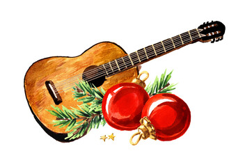 Wooden guitar music string instrument, winter song, Christmas melody concept. Hand drawn watercolor illustration isolated on white background