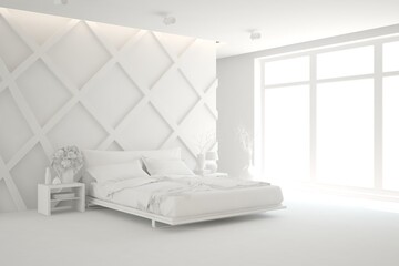 Modern bedroom in white color. Scandinavian interior design. 3D illustration
