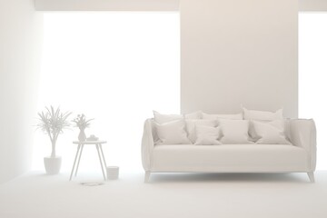 White minimalist living room with sofa. Scandinavian interior design. 3D illustration