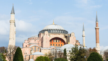 Fototapeta na wymiar Hagia Sophia with blue sky backdrop, Istanbul, Turkey