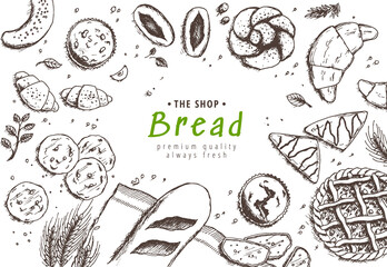 Bakery background. Linear graphic. Bread, croissant and pastry collection. Bread house. Engraved top view illustration. Flat lay. illustration.