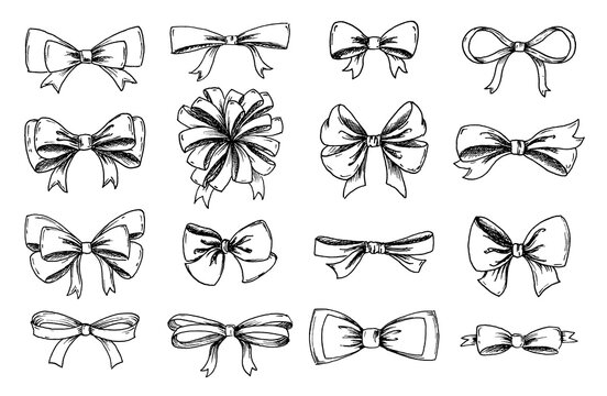 hand drawn collection of lush bows and confetti. Vintage decoration for traditional holidays and gift boxes. Concept illustration.