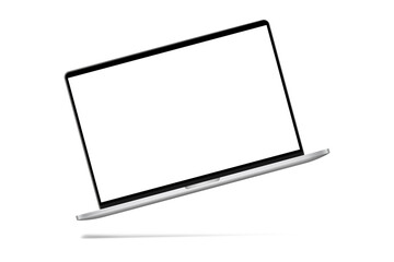 Slim modern laptop with white screen mockup on white background with shadow.