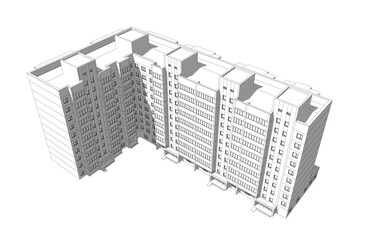 Multi-storey residential building rendered isolated on a white background with shadows. Sketch style