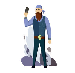 Senior Man Biker Talking Cell Smart Phone Flat Illustration. Man with a beard photographs. Sephi concept.
