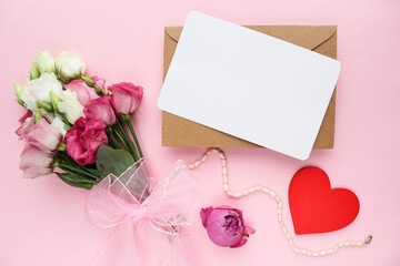 happy valentine's day greeting card mockup. bouquet of flowers, red heart and space for text. congratulation. invitation