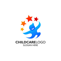 Playful kid and stars for childcare and education logo design template