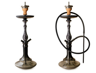 Two modern turkish or arabian hookah, isolated on white background. Handmade wood pattern, crystal glass bowl