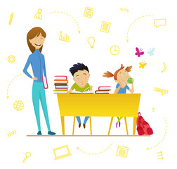 Back to school. Cute schoolchildren at a lesson of geography, literature, physical education, biology, botany, chemistry, drawing. Young boys and girls at school.