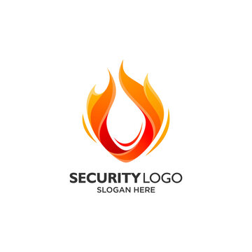 Shield and fire for firefighters logo design template