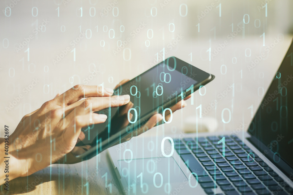Poster creative concept of binary code illustration and finger clicks on a digital tablet on background. bi