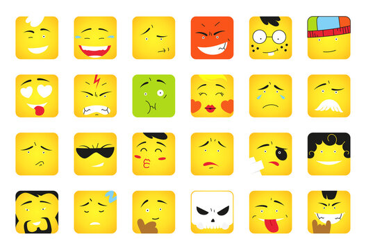 Smiles. Set of emoticons or emoji illustration line icons. Smile icons line art isolated illustration on yellow background. Concept for messengers.
