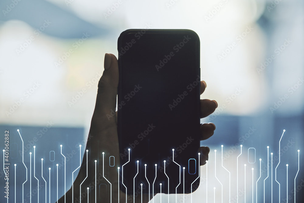 Poster creative concept of microscheme illustration and hand with phone on background. big data and databas