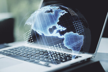 Double exposure of digital America map on laptop background, research and strategy concept