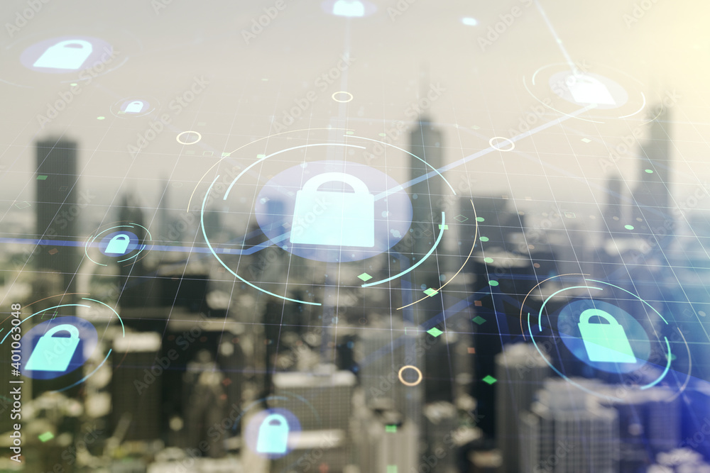 Poster double exposure of virtual creative lock hologram with chip on blurry cityscape background. informat