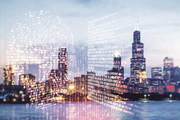 Abstract virtual code skull illustration on Chicago skyline background. Hacking and phishing concept. Multiexposure