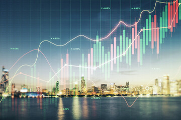 Multi exposure of virtual abstract financial diagram on Chicago office buildings background, banking and accounting concept