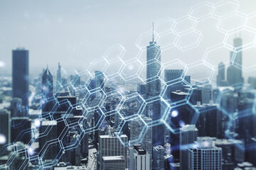 Abstract virtual technology sketch with hexagon grid on Chicago office buildings background, future technology and AI concept. Double exposure