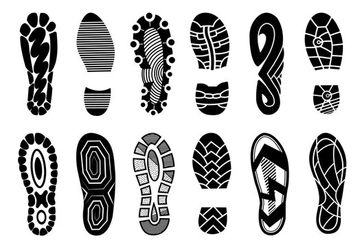 Collection of footprints human shoes silhouette. Set of shoe soles print. Different footprints men women sneakers shoes boots. Isolated footstamp icons on white background