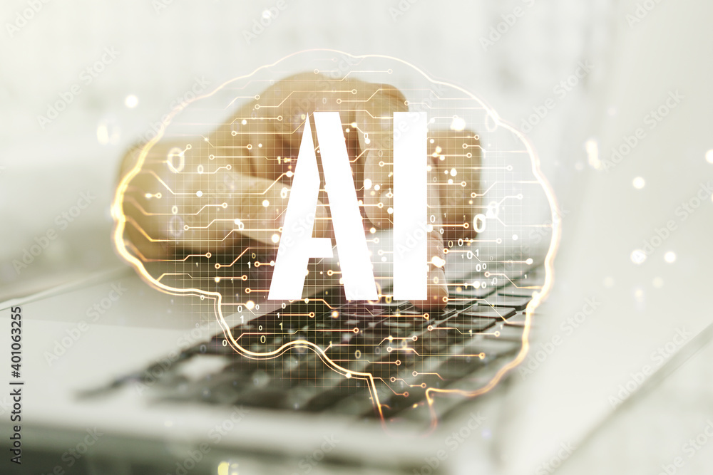 Poster creative artificial intelligence concept with human brain sketch and hands typing on computer keyboa