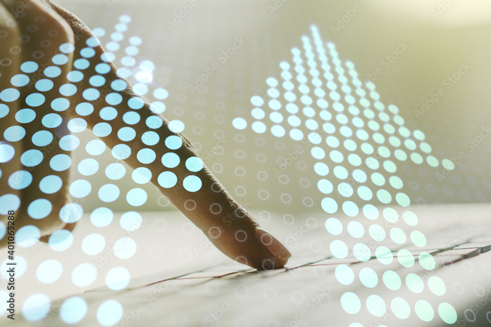 Poster creative abstract upward arrows sketch and hands typing on computer keyboard on background, target a