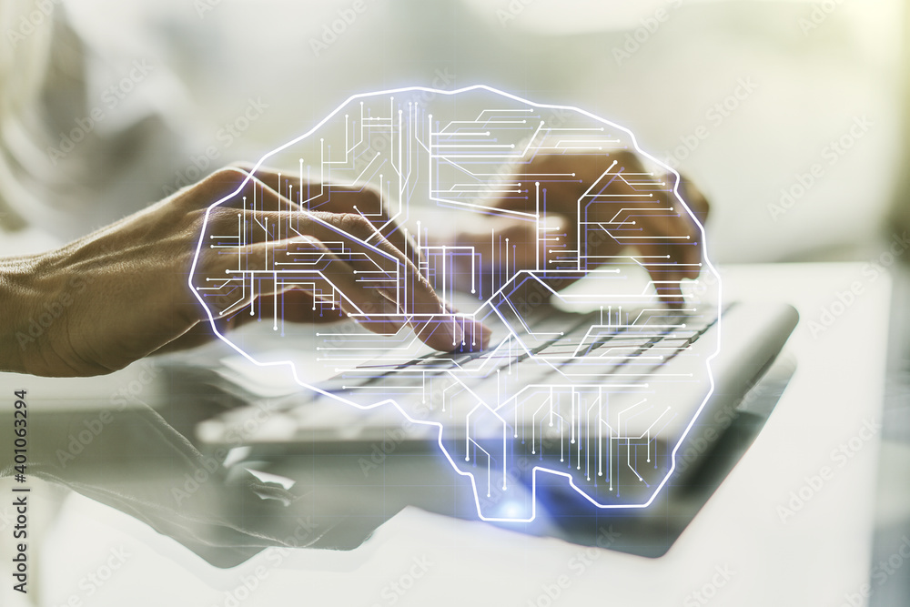 Poster double exposure of creative artificial intelligence symbol with hands typing on laptop on background
