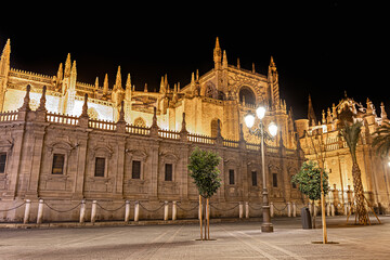 Fototapeta na wymiar Seville Cathedral of Saint Mary of the See (Catedral de Santa Maria de la Sede de Sevilla) illuminated at night