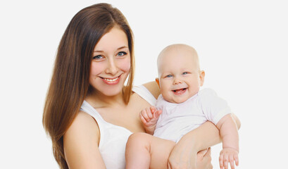 Portrait of happy smiling mother and baby playing together over a white background