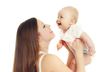 Portrait of happy smiling mother and baby playing together over a white background