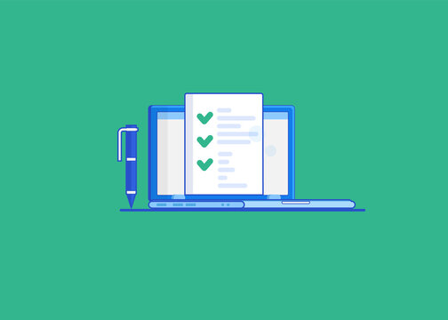 DIsplay monitor with list and checkbox and marks on desktop computer. Online form survey, checking a document or taking an exam test. Vector illustration for web banners, infographics, websites.