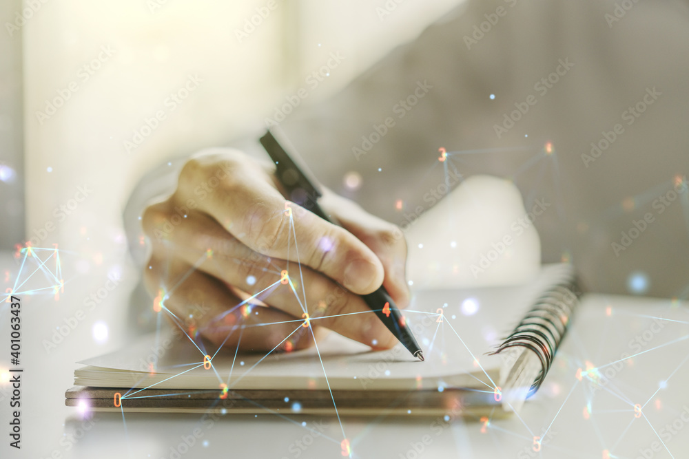 Poster creative abstract wireless technology hologram and man hand writing in diary on background, artifici