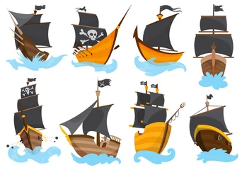 Fotobehang Piraten Set van verschillende typen gestileerde cartoon piratenschepen illustratie met zwarte zeilen. Galjoenen met afbeelding Jolly Roger. Leuke tekening. Verzameling piratenschepen die op het water varen