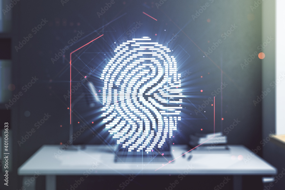 Poster multi exposure of abstract creative fingerprint illustration and modern desktop with computer on bac