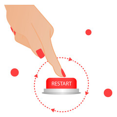 Restart button vector illustration concept. Woman hand with the restart red bottom. Restart vector concept illustration. - obrazy, fototapety, plakaty