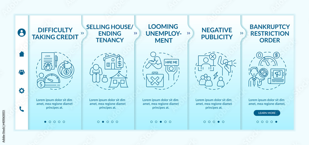 Poster financial difficulty onboarding vector template. negative publicity. bankruptcy restriction order. r
