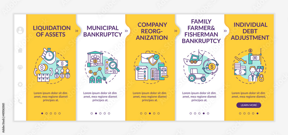 Poster bankruptcy procedure onboarding vector template. liquidation of asset. company reorganization. respo