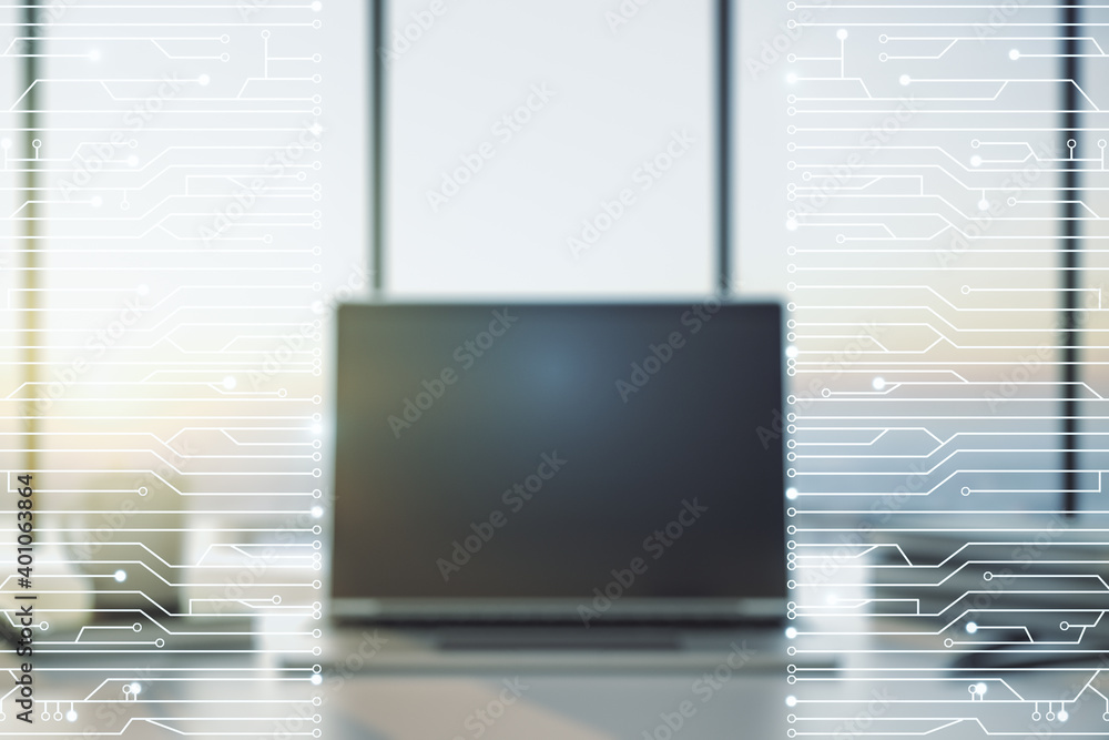 Poster creative abstract micro chip hologram on modern computer background, artificial intelligence and mac