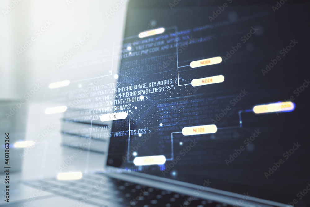 Poster double exposure of abstract programming language on laptop background, research and development conc