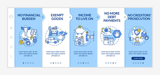 Debt freedom onboarding vector template. No financial burden. Exempt good. Income to live on. Responsive mobile website with icons. Webpage walkthrough step screens. RGB color concept